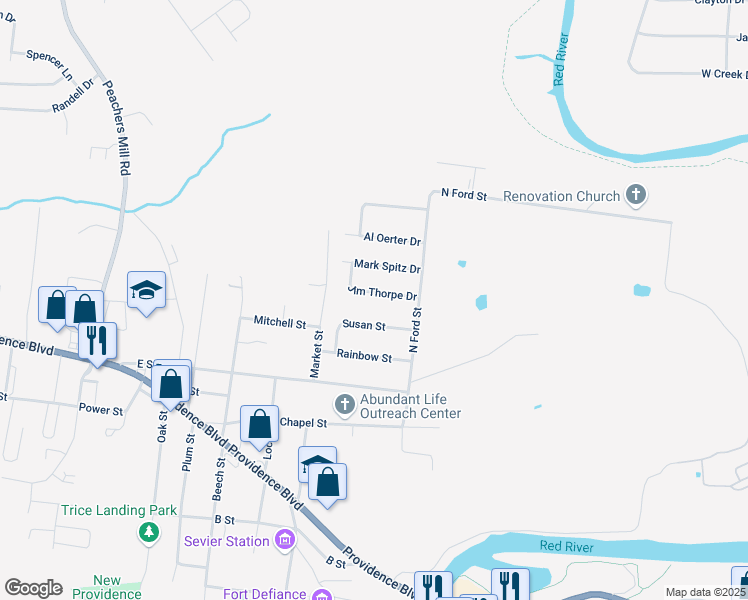map of restaurants, bars, coffee shops, grocery stores, and more near 214 Jim Thorpe Drive in Clarksville
