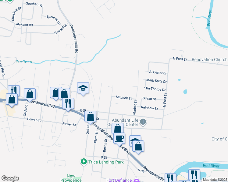 map of restaurants, bars, coffee shops, grocery stores, and more near 417 Beech Street in Clarksville