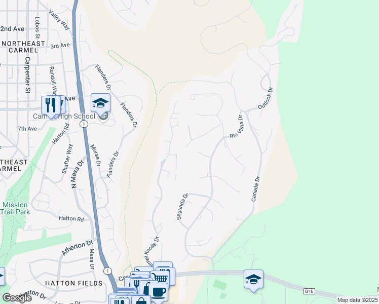 map of restaurants, bars, coffee shops, grocery stores, and more near 25575 Chiquito Place in Carmel-by-the-Sea