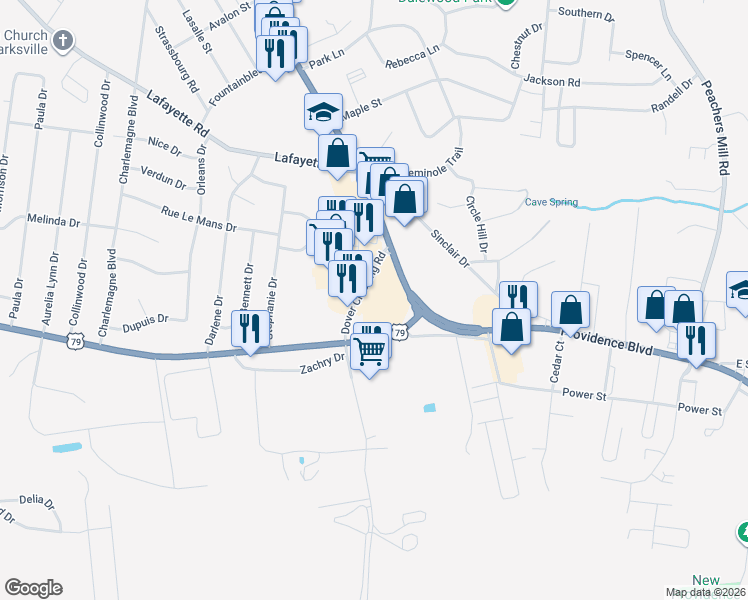 map of restaurants, bars, coffee shops, grocery stores, and more near 145 Dover Crossing Road in Clarksville