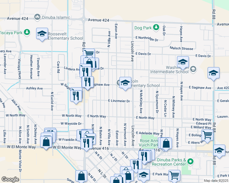 map of restaurants, bars, coffee shops, grocery stores, and more near 823 Eaton Avenue in Dinuba