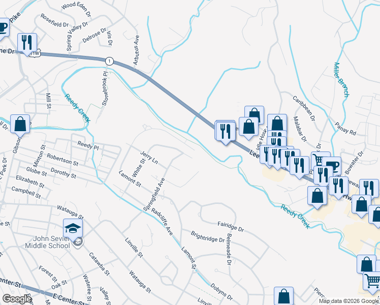 map of restaurants, bars, coffee shops, grocery stores, and more near 2245 Lamont St in Kingsport