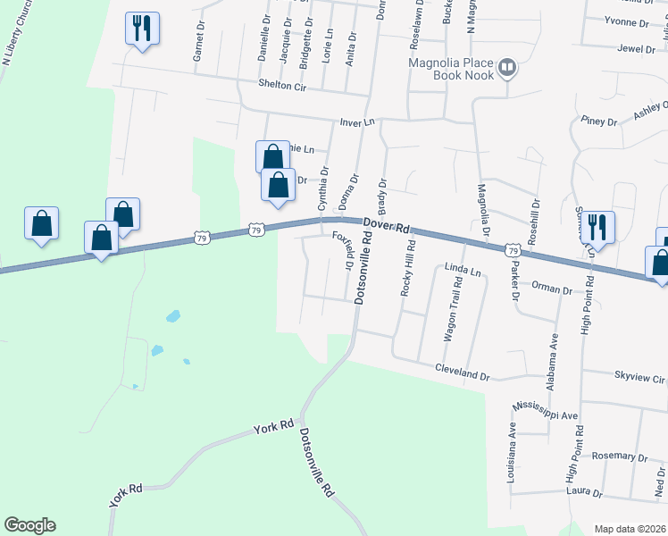 map of restaurants, bars, coffee shops, grocery stores, and more near 637 Wolfchase Drive in Clarksville
