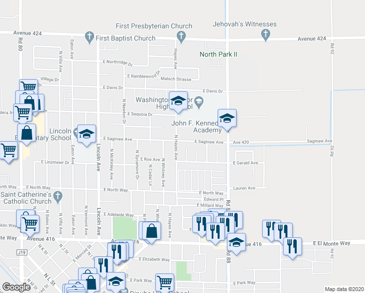 map of restaurants, bars, coffee shops, grocery stores, and more near 820 North Hayes Avenue in Dinuba