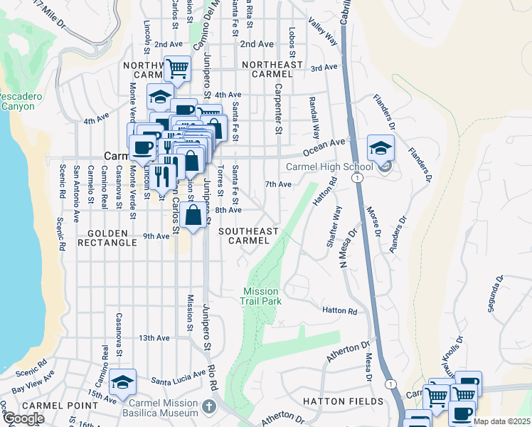 map of restaurants, bars, coffee shops, grocery stores, and more near Vizcaino Avenue in Carmel