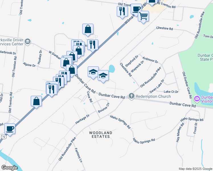 map of restaurants, bars, coffee shops, grocery stores, and more near 200 Timber Court Drive in Clarksville