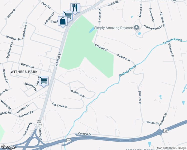 map of restaurants, bars, coffee shops, grocery stores, and more near 4 Creekside Drive in Danville