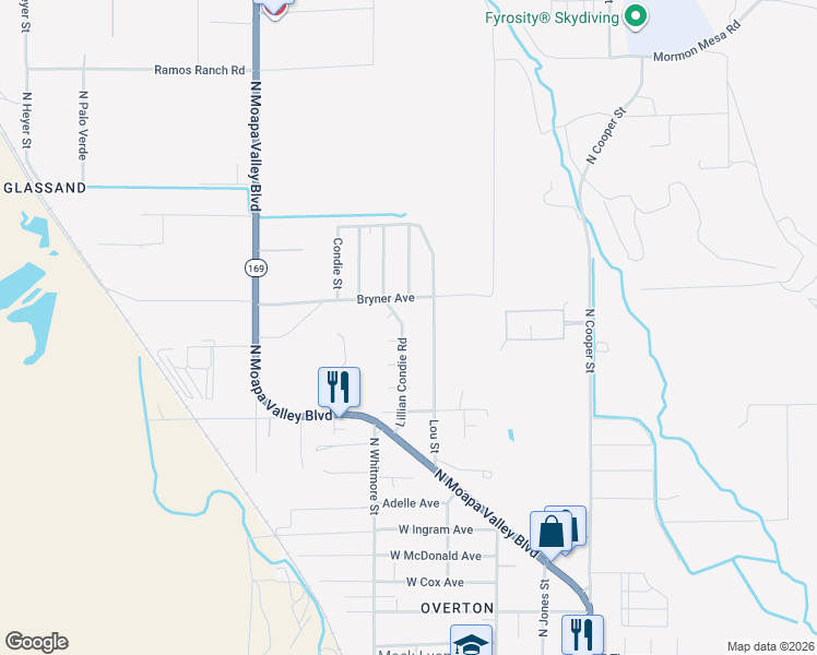 map of restaurants, bars, coffee shops, grocery stores, and more near 652 Lillian Condie Road in Moapa Valley