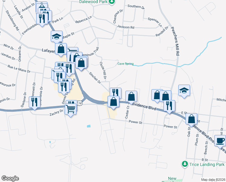 map of restaurants, bars, coffee shops, grocery stores, and more near 913B Sinclair Drive in Clarksville