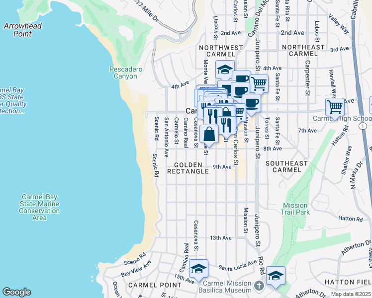 map of restaurants, bars, coffee shops, grocery stores, and more near Camino Real & 8th Ave in Carmel-by-the-Sea