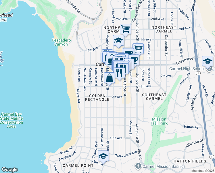 map of restaurants, bars, coffee shops, grocery stores, and more near 2 Monte Verde Street in Carmel-by-the-Sea
