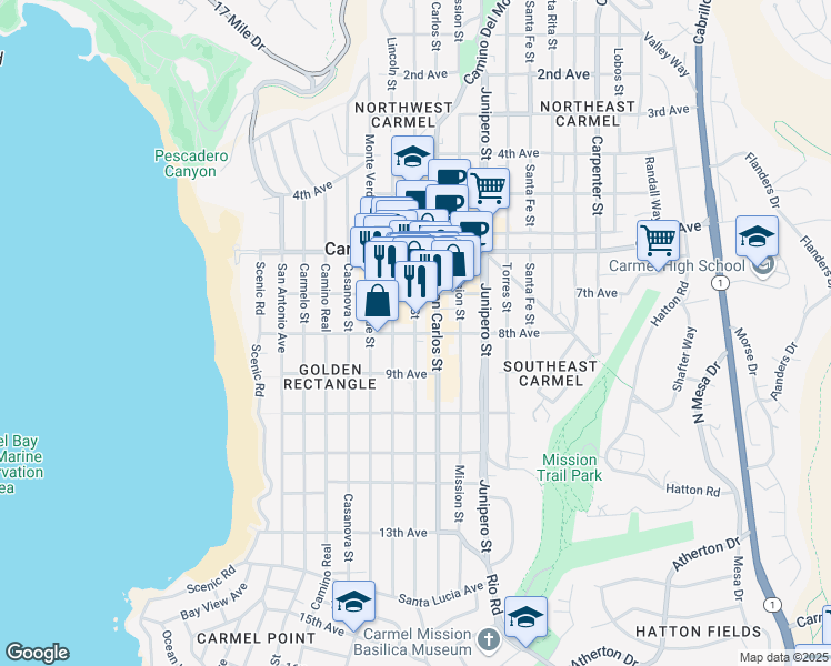 map of restaurants, bars, coffee shops, grocery stores, and more near Dolores St & 8th Ave in Carmel-by-the-Sea