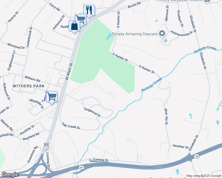 map of restaurants, bars, coffee shops, grocery stores, and more near 4 Creekside Drive in Danville