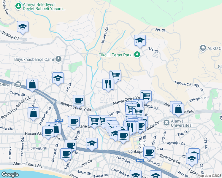 map of restaurants, bars, coffee shops, grocery stores, and more near 101. Sokak in Alanya