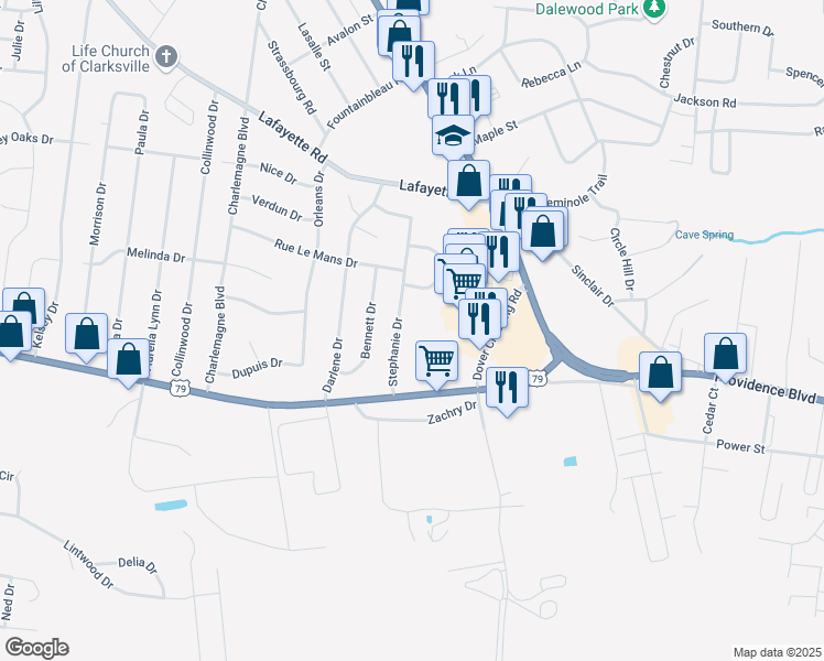 map of restaurants, bars, coffee shops, grocery stores, and more near 141 Stephanie Drive in Clarksville