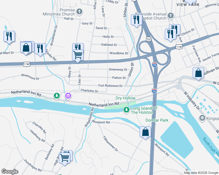 map of restaurants, bars, coffee shops, grocery stores, and more near 1929 Fort Robinson Drive in Kingsport