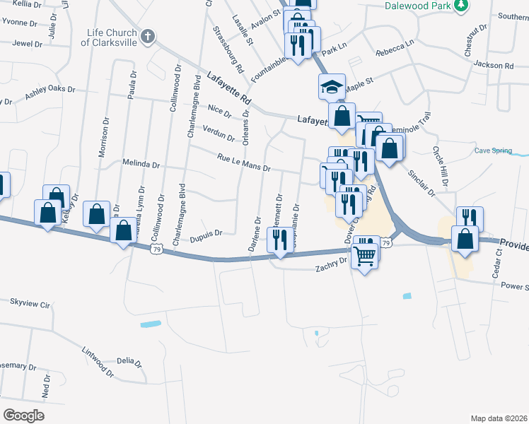 map of restaurants, bars, coffee shops, grocery stores, and more near 120 Bennett Drive in Clarksville