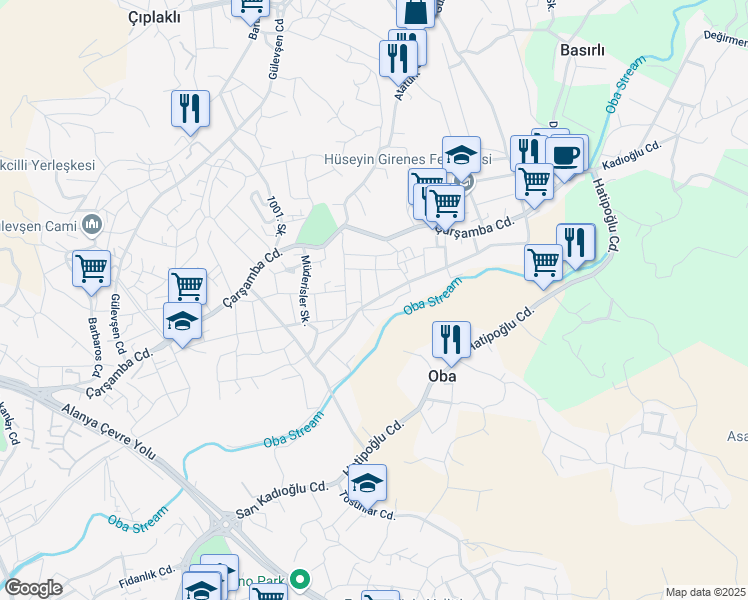map of restaurants, bars, coffee shops, grocery stores, and more near Bacaksızlar Sokak in Alanya