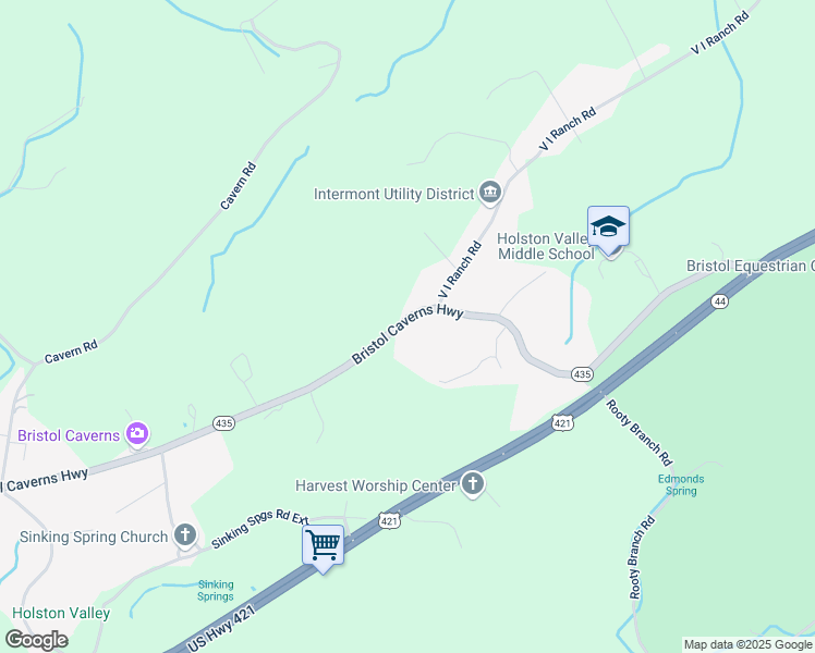 map of restaurants, bars, coffee shops, grocery stores, and more near 1432 Bristol Caverns Highway in Bristol