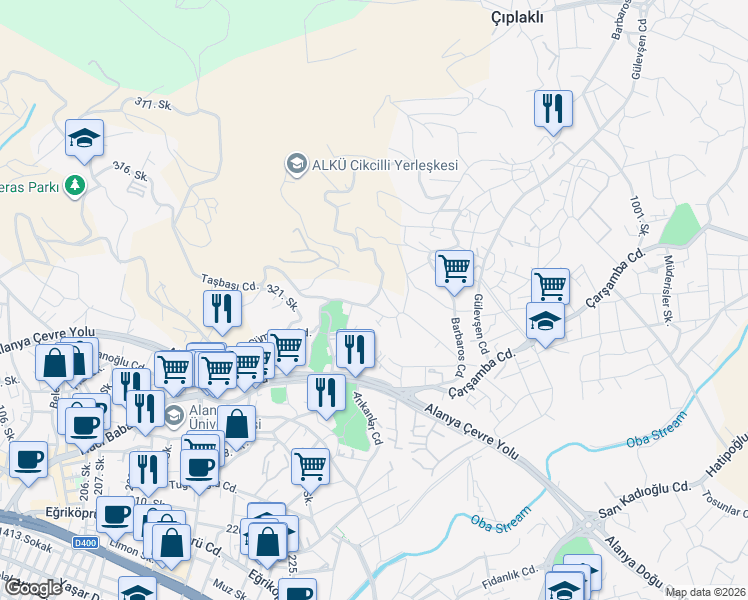 map of restaurants, bars, coffee shops, grocery stores, and more near Fevzi Çakmak Caddesi in Alanya