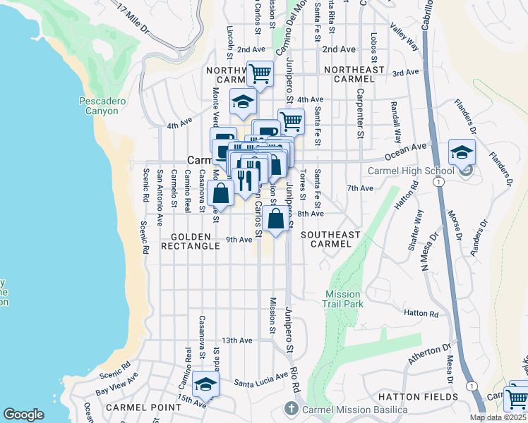map of restaurants, bars, coffee shops, grocery stores, and more near 2 San Carlos Street in Carmel-by-the-Sea