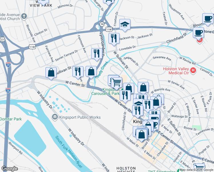 map of restaurants, bars, coffee shops, grocery stores, and more near 504-522 W Center St in Kingsport