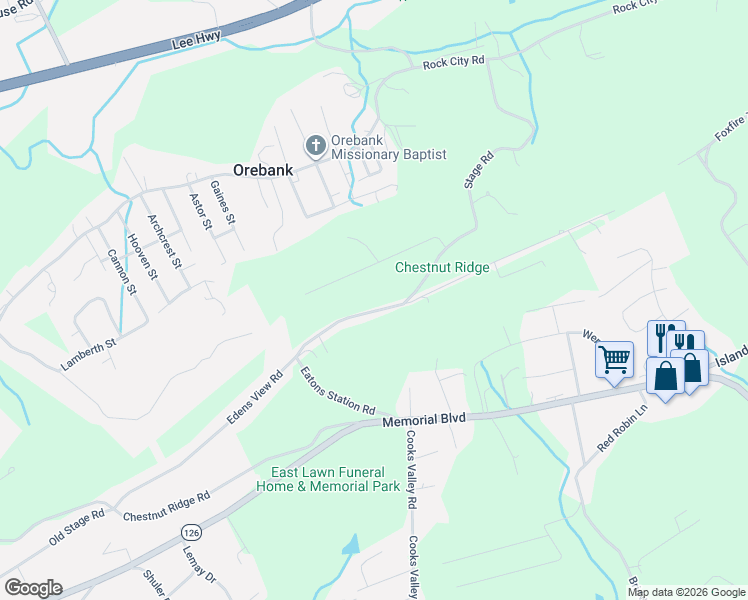 map of restaurants, bars, coffee shops, grocery stores, and more near 4825 Edens View Road in Kingsport