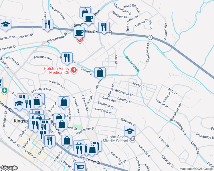 map of restaurants, bars, coffee shops, grocery stores, and more near 926 Dorothy Street in Kingsport