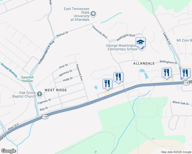 map of restaurants, bars, coffee shops, grocery stores, and more near 1000 University Boulevard in Kingsport
