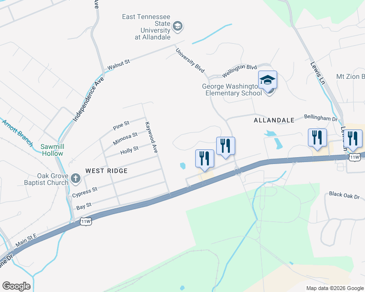 map of restaurants, bars, coffee shops, grocery stores, and more near 1000 University Boulevard in Kingsport