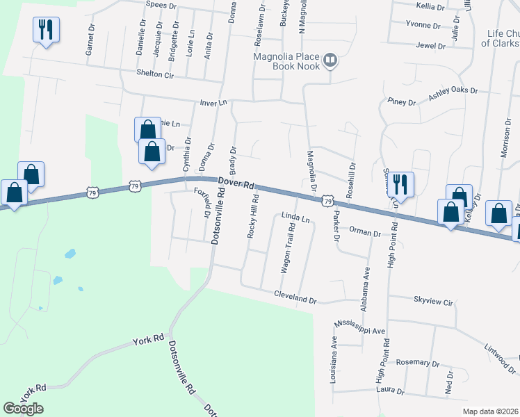 map of restaurants, bars, coffee shops, grocery stores, and more near 615 Rocky Hill Road in Clarksville