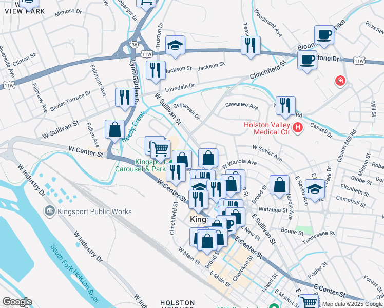 map of restaurants, bars, coffee shops, grocery stores, and more near 202 Hammond Avenue in Kingsport