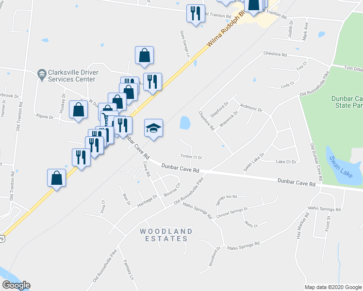 map of restaurants, bars, coffee shops, grocery stores, and more near 1851 Waters Edge Drive in Clarksville