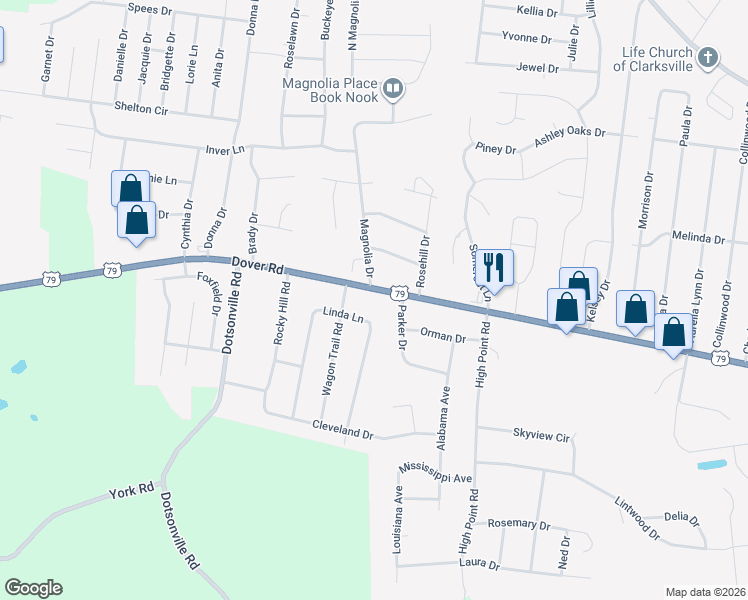 map of restaurants, bars, coffee shops, grocery stores, and more near 590 Magnolia Drive in Clarksville