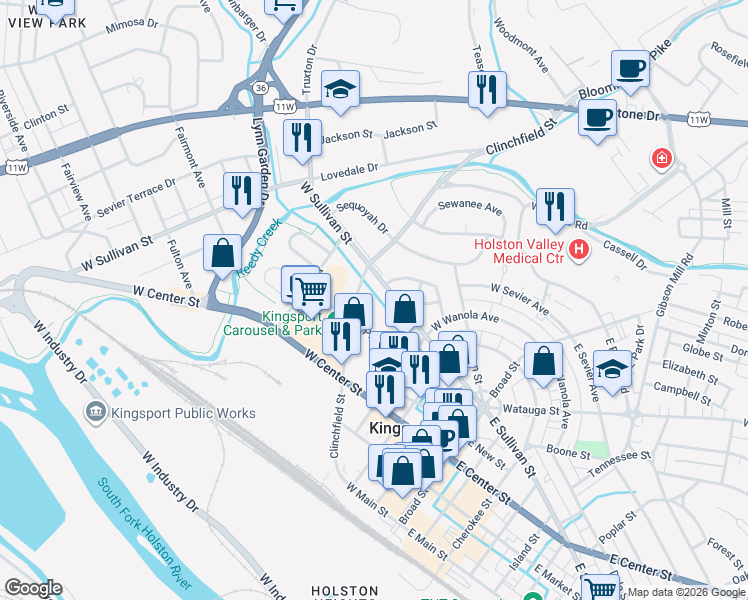 map of restaurants, bars, coffee shops, grocery stores, and more near 202 Hammond Avenue in Kingsport