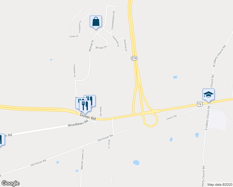 map of restaurants, bars, coffee shops, grocery stores, and more near 1365 Dover Road in Clarksville