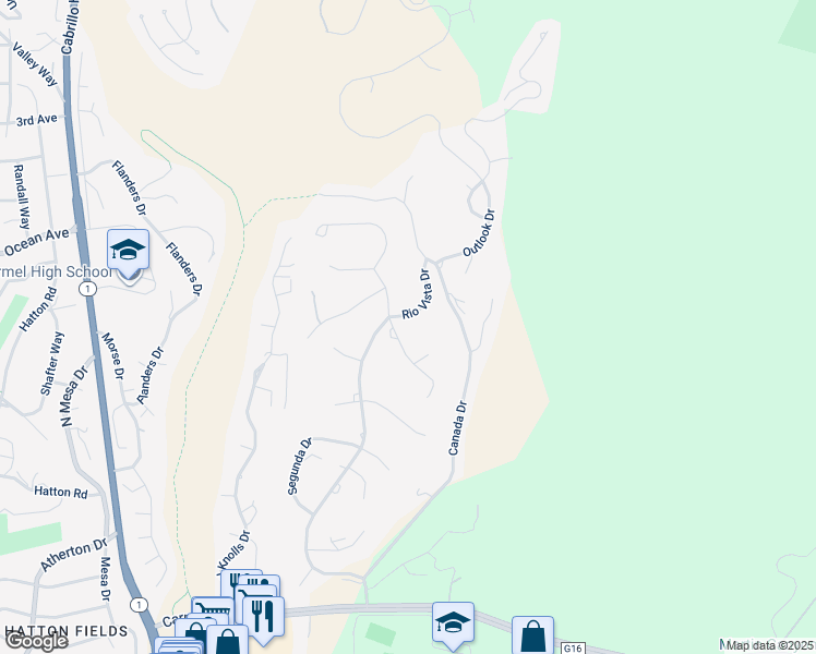 map of restaurants, bars, coffee shops, grocery stores, and more near 25450 Arriba Del Mundo Drive in Carmel-by-the-Sea