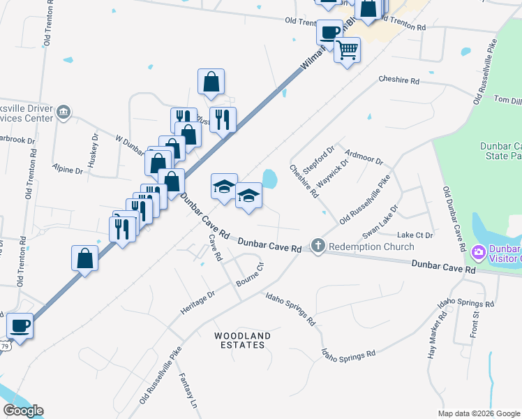 map of restaurants, bars, coffee shops, grocery stores, and more near 1851 Waters Edge Drive in Clarksville
