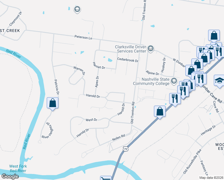 map of restaurants, bars, coffee shops, grocery stores, and more near 1883 Sealpoint Court in Clarksville