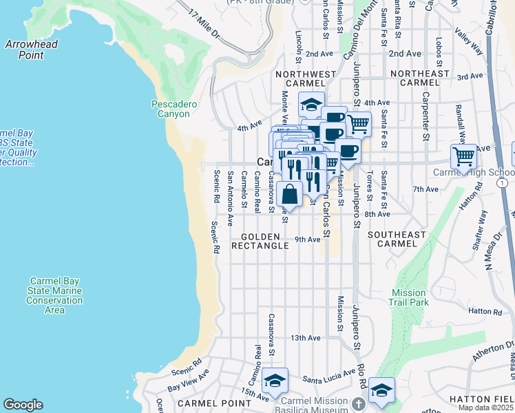 map of restaurants, bars, coffee shops, grocery stores, and more near 2 Camino Real in Carmel-by-the-Sea