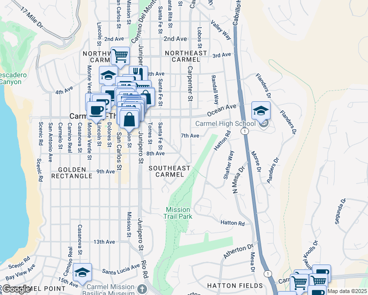 map of restaurants, bars, coffee shops, grocery stores, and more near 5 Guadalupe Street in Carmel-by-the-Sea
