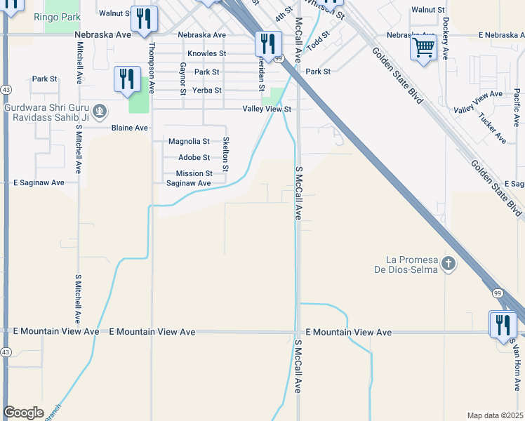 map of restaurants, bars, coffee shops, grocery stores, and more near 12553 South McCall Avenue in Selma