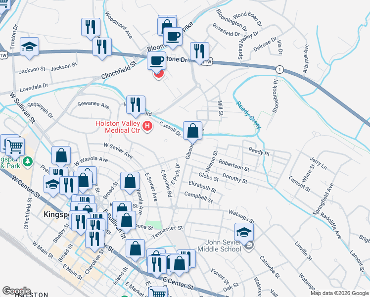 map of restaurants, bars, coffee shops, grocery stores, and more near 100-180 Cassel Dr in Kingsport
