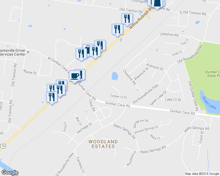 map of restaurants, bars, coffee shops, grocery stores, and more near 1851 Waters Edge Drive in Clarksville