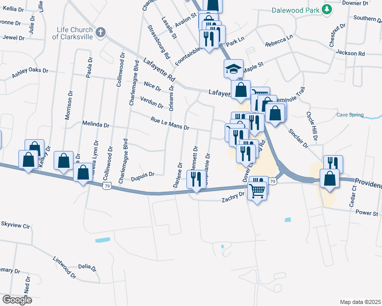 map of restaurants, bars, coffee shops, grocery stores, and more near 106 Bennett Drive in Clarksville