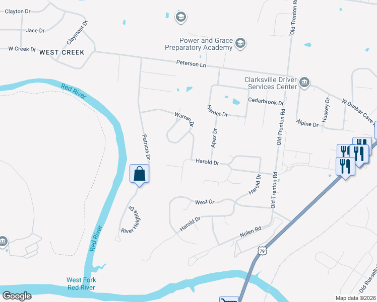 map of restaurants, bars, coffee shops, grocery stores, and more near 1807 Warren Drive in Clarksville