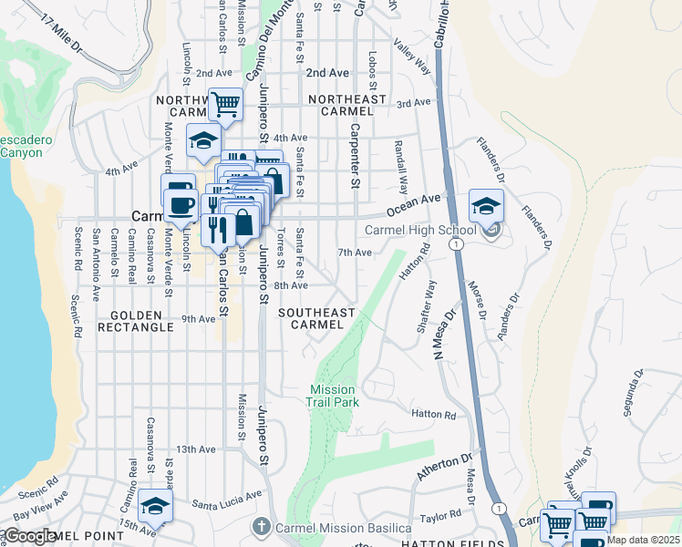 map of restaurants, bars, coffee shops, grocery stores, and more near in Carmel-by-the-Sea