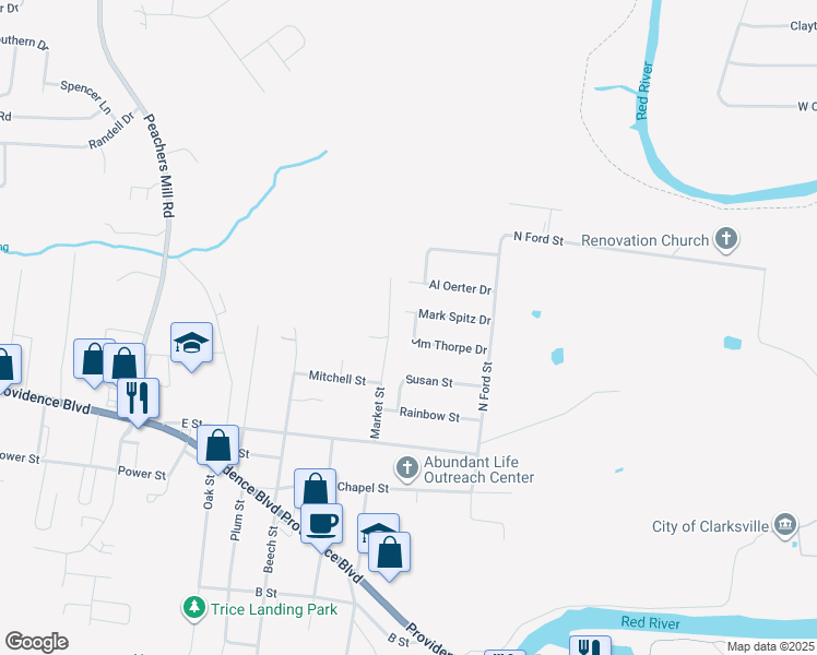map of restaurants, bars, coffee shops, grocery stores, and more near 230 Mark Spitz Drive in Clarksville