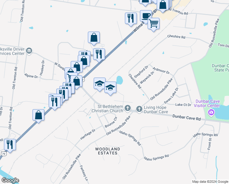 map of restaurants, bars, coffee shops, grocery stores, and more near 1850 Waters Edge Drive in Clarksville