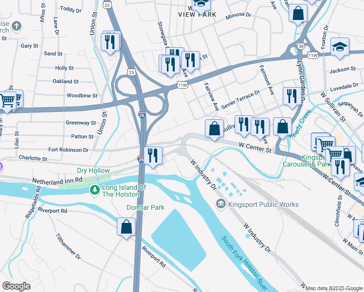 map of restaurants, bars, coffee shops, grocery stores, and more near 1000 Netherland Inn Road in Kingsport